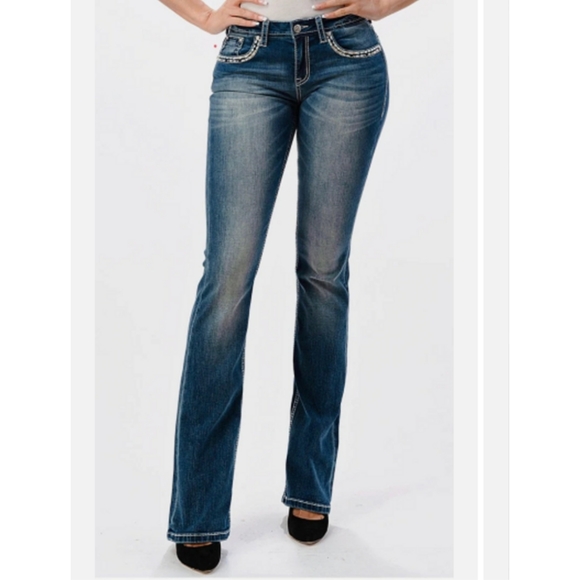 Grace in LA Denim - Grace in LA Medium Wash Mid Rise Feather & Sequin Embroidered Bootcut Jeans 27